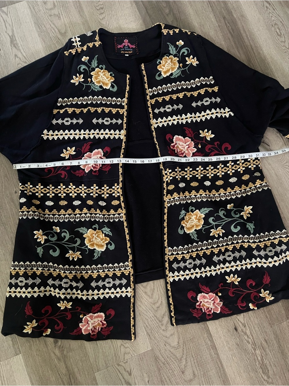 Johnny Was Black Embroidered Floral Open Front Coat - Picture 9 of 11